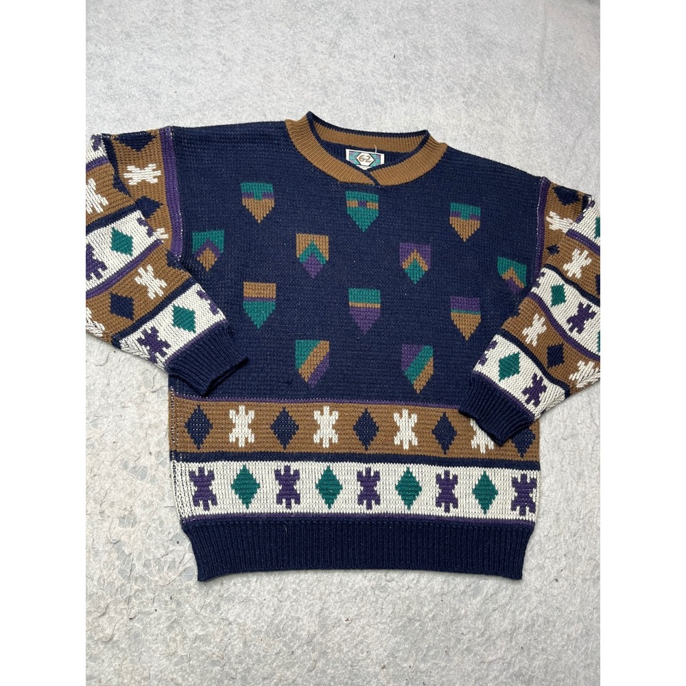 Vintage‎ East 62 Mens Acrylic Knit Sweater Navy Blue Geometric Tribal Pattern S